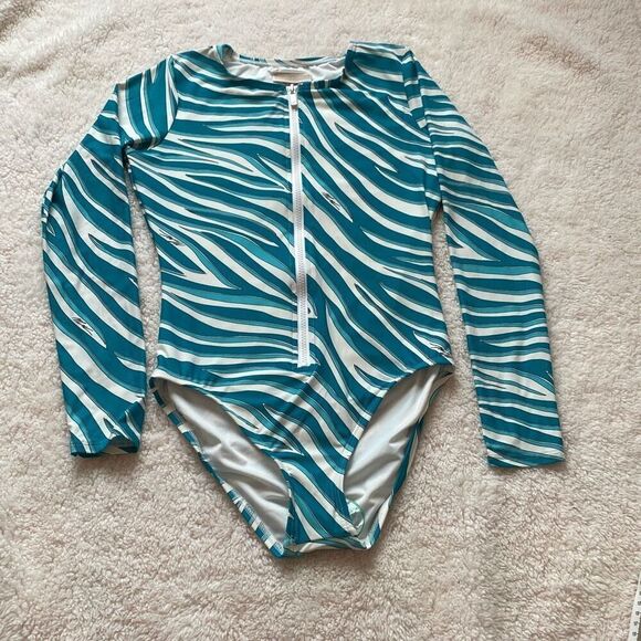 MICHAEL Michael Kors Swim Paddle Rashguard Zip Swim Bodysuit Teal Cove Size 6 - Picture 1 of 10